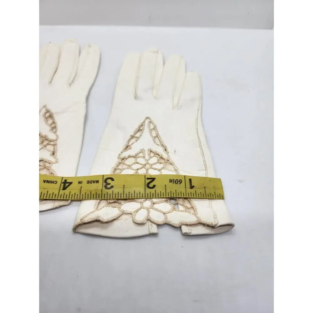 Vintage White Leather Gloves Womens Floral Lace Cutout Insert Wrist